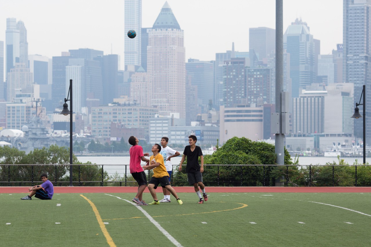 Weehawken Waterfront Park and Recreation Centre with Manhattan backdrop